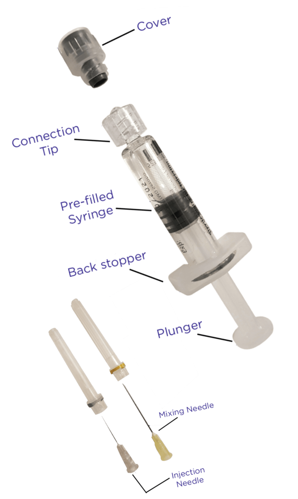 Labeled diagram of the Cetrotide kit: cover, connection tip, pre-filled syringe, back stopper, plunger, mixing needle and injection needle