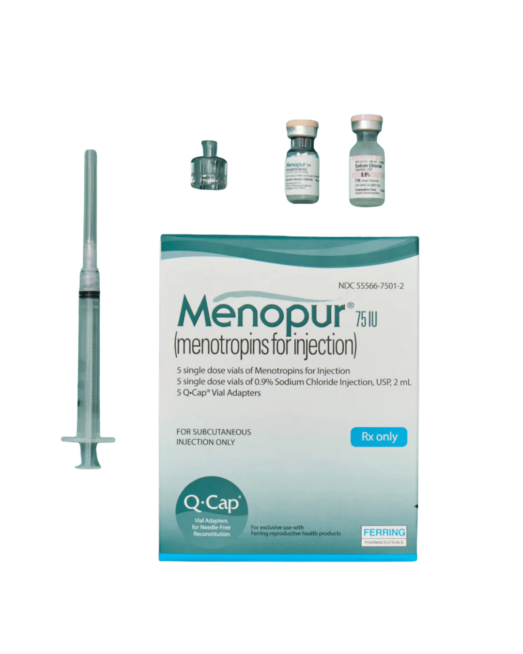 The Menopur powder vial with its sodium chloride solvent vial, as dispensed